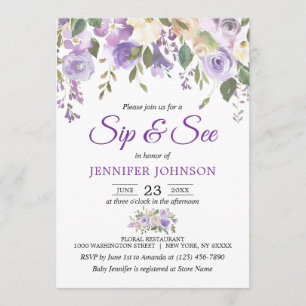 Convites Aquarela Floral Lavanda Roxo Bebê SIP & SEE