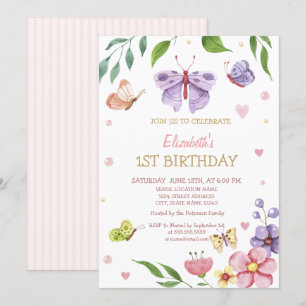 Convites Aquarela Floral Listras Borboleta Aniversário