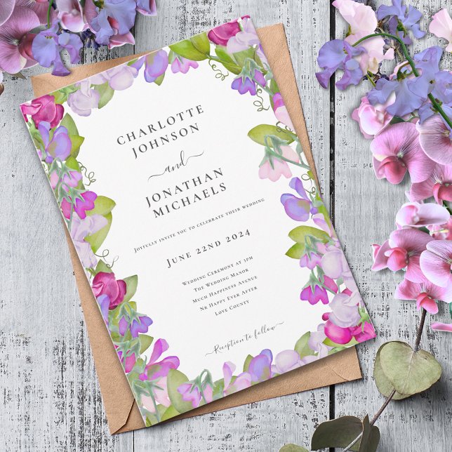 Convites Aquarela Floral Moderna Elegante (Modern garden florals pink purple sweetpea watercolor wedding invitation )