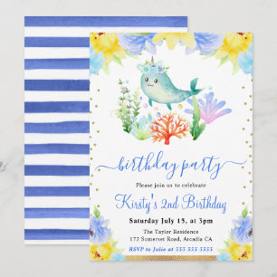 Convites Aquarela Floral Narval Subaquático Aniversário