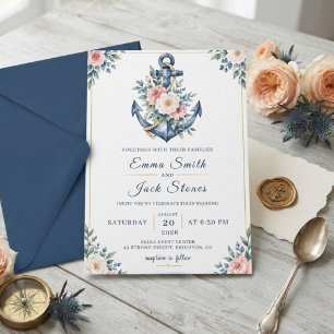 Convites Aquarela Floral Náutico Âncora Casamento