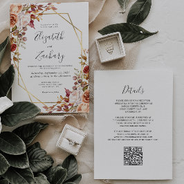 Convites Aquarela Floral Outono Código QR Dourado Casamento
