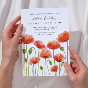 Convites Aquarela Floral Papoulas Moderno Aniversário de Qu