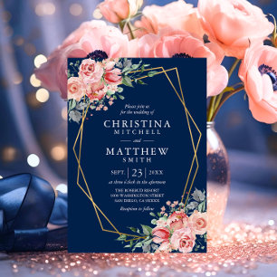 Convites Aquarela Floral Rosa Bege Azul Marinho Casamento