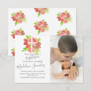 Convites Aquarela Floral Rosa Blush Baptism Dedicação