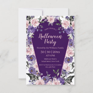 Convites aquarela floral rosa roxo túmulo halloween