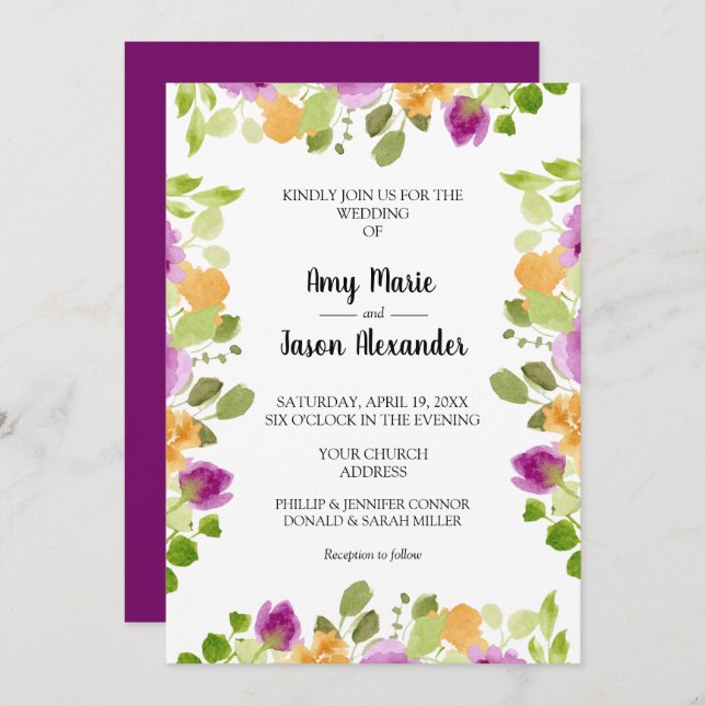 Convites Aquarela Floral Roxa Elegante (Frente/Verso)