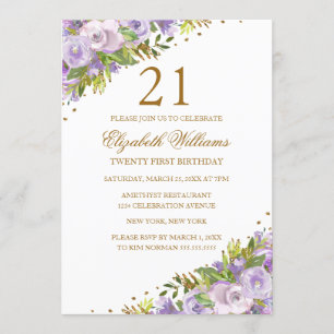 Convites Aquarela Floral Roxo Dourado Aniversário de 21 Ano