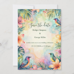 Convites Aquarela floral tropical pássaros Havaí casamento