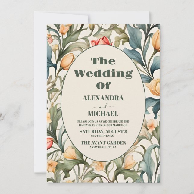 Convites Aquarela Floral Tulipas Casamento William Morris (Frente)