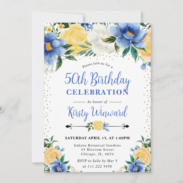 Convites Aquarela Flores Azuis e Amarelas 50º Aniversário (Frente)