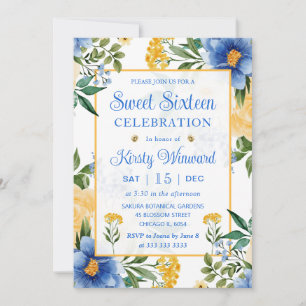 Convites Aquarela Flores Azuis e Amarelas Sweet Sixteen