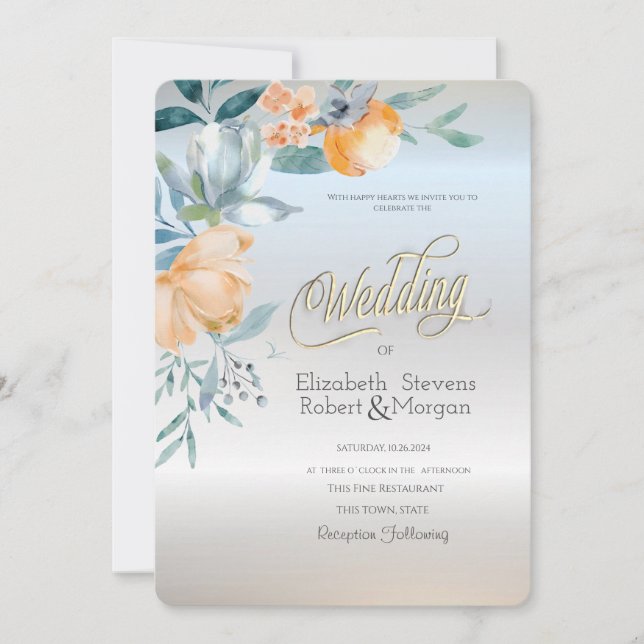Convites Aquarela Flores Azul Empoeirado Casamento Prata (Frente)