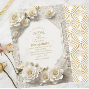 Convites Aquarela flores brancas 3D douradas  Chá de Noiva