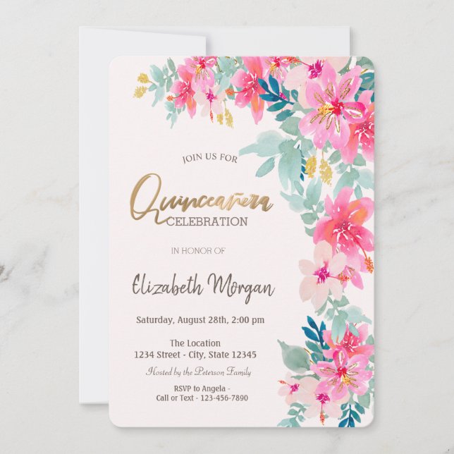 Convites Aquarela Flores de Primavera Quinceañera (Frente)
