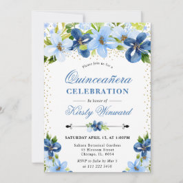 Convites Aquarela Flores de Verão Azul Quinceanera
