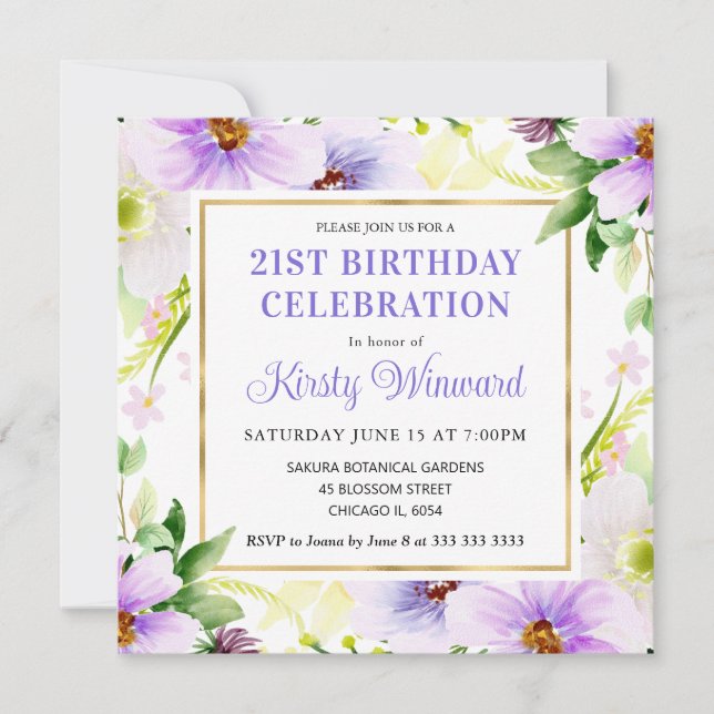 Convites Aquarela Flores de Verão Creme Roxo Aniversário (Frente)