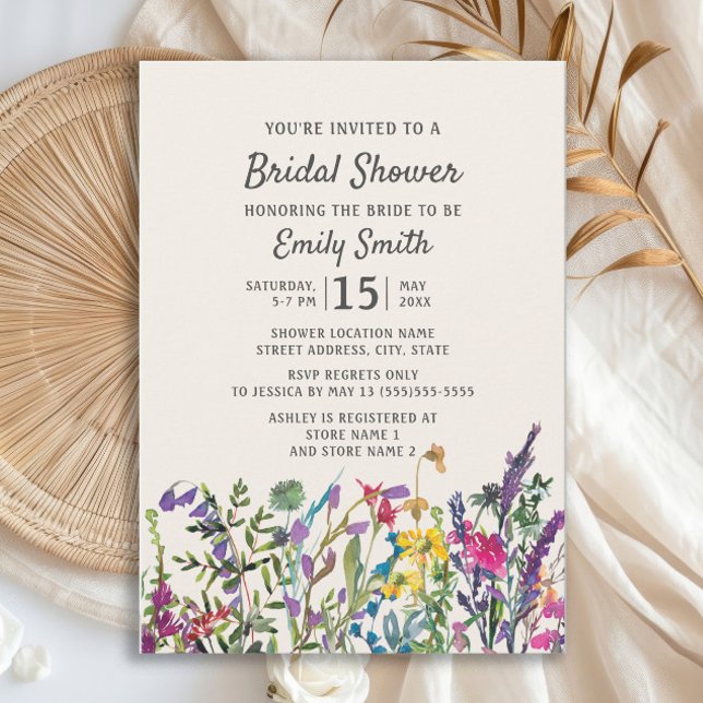 Convites Aquarela Flores Florais Chá de panela Roxo (Watercolor wildflower bridal shower invitation)