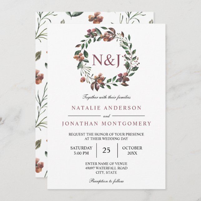 Convites aquarela flores florais elegantes (Frente/Verso)