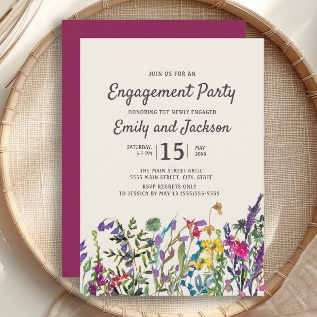 Convites Aquarela Flores Florais Noivado Roxo (Watercolor wildflowers engagement party invitation)