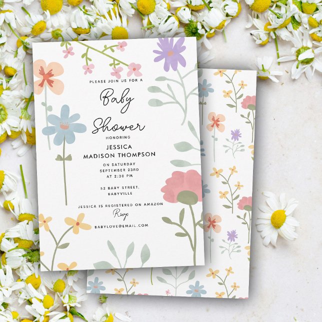 Convites Aquarela Flores Flóridas Chá de fraldas (Watercolor Wildflowers Floral Baby Shower Invitation)