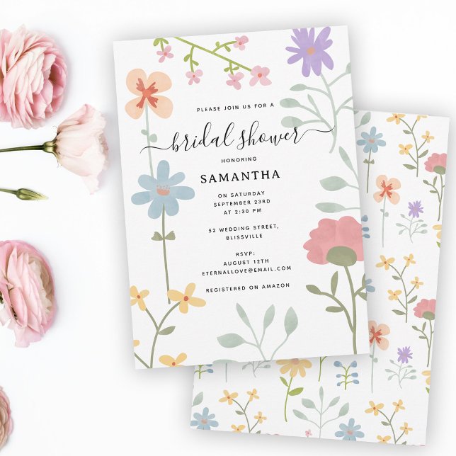 Convites Aquarela Flores Flóridas Chá de panela (Watercolor Wildflowers Floral Bridal Shower Invitation)