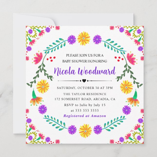 Convites Aquarela Flores mexicanas Baby Shower Fiesta (Frente)