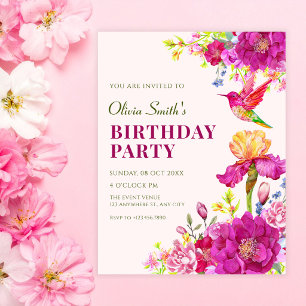 Convites Aquarela flores pássaro aniversário