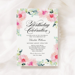 Convites Aquarela Flores Rosa Aniversário