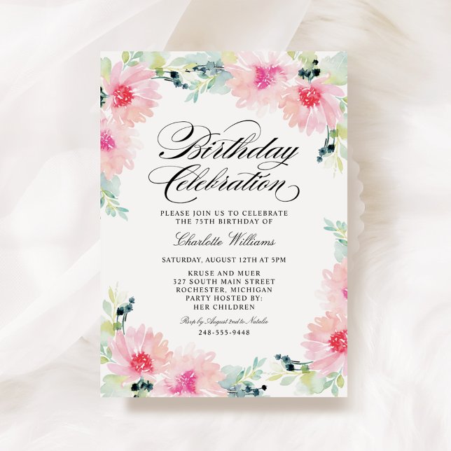 Convites Aquarela Flores Rosa Aniversário (Criador carregado)