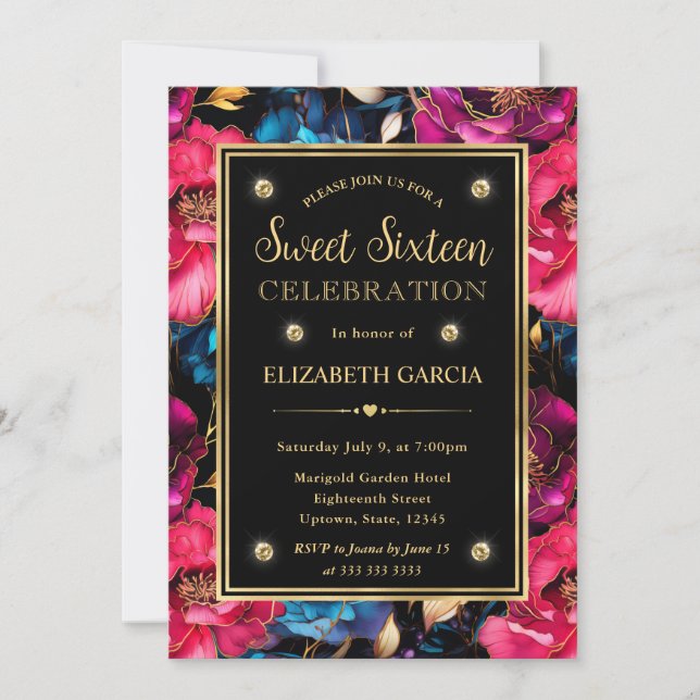 Convites Aquarela Flores Rosa Azul & Dourado Sweet 16 (Frente)