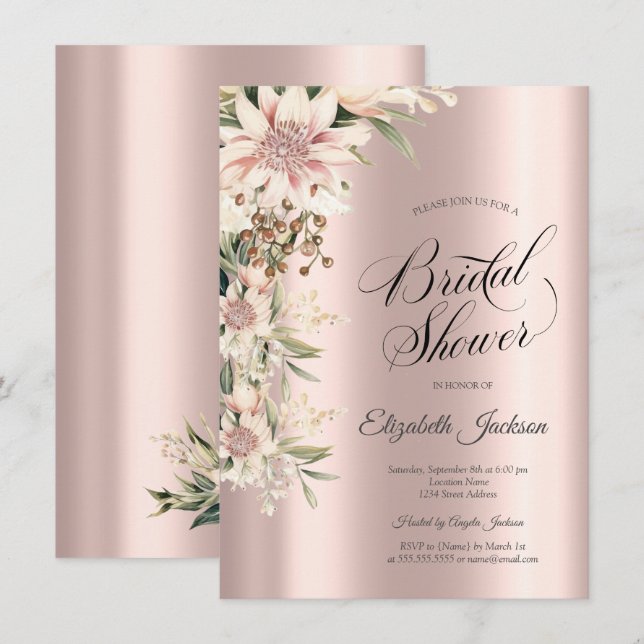 Convites Aquarela Flores Rosa Chá de panela Dourado (Frente/Verso)