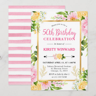 Convites Aquarela Flores Rosa e Amarela Aniversário de 50 a