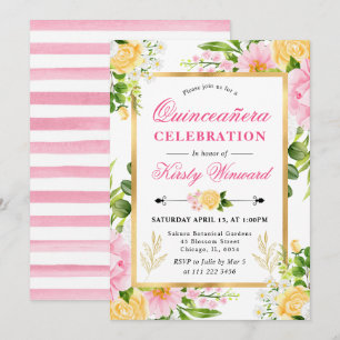 Convites Aquarela Flores Rosa e Amarela Quinceanera