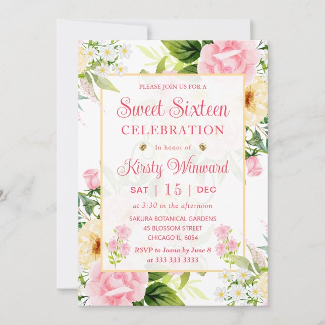 Convites Aquarela Flores Rosa e Amarelo Sweet Sixteen (Frente)