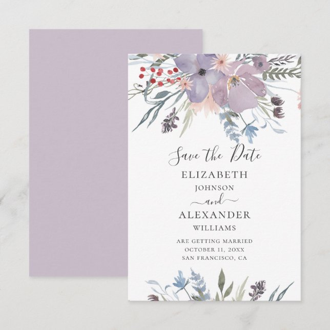 Convites Aquarela flores roxas. Casamento floral lilás (Frente/Verso)