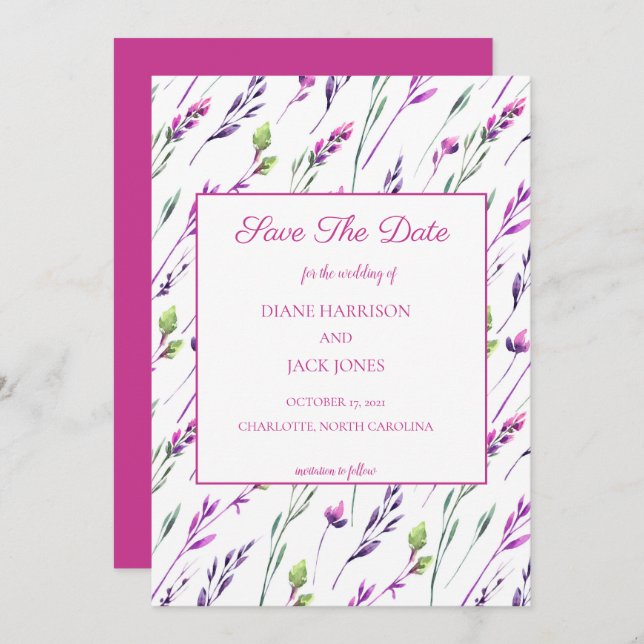 Convites Aquarela Flores Roxas Salva a Data Casamento (Frente/Verso)