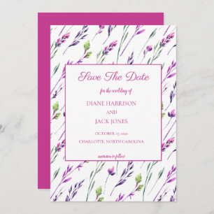 Convites Aquarela Flores Roxas Salva a Data Casamento