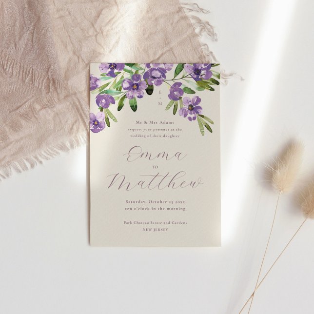 Convites Aquarela Flores Rústicas Casamento Roxo (Criador carregado)