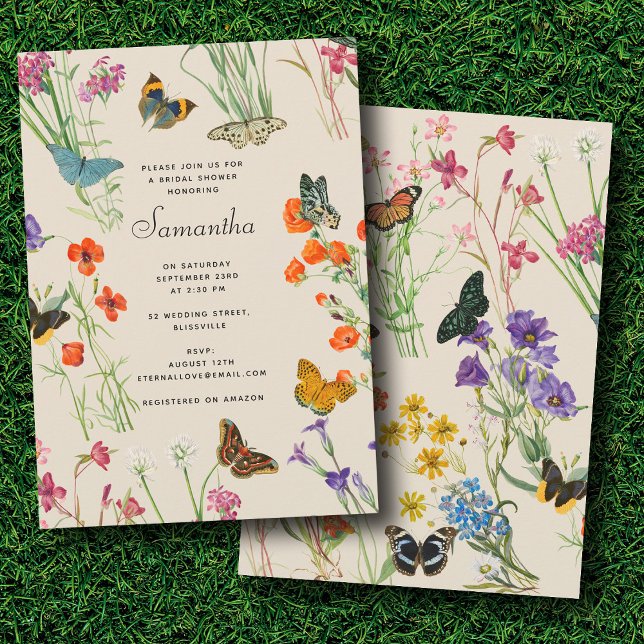 Convites Aquarela Flores Selvagens Chá de panela de Borbole (Watercolor Wildflowers Butterflies Bridal Shower Invitation)