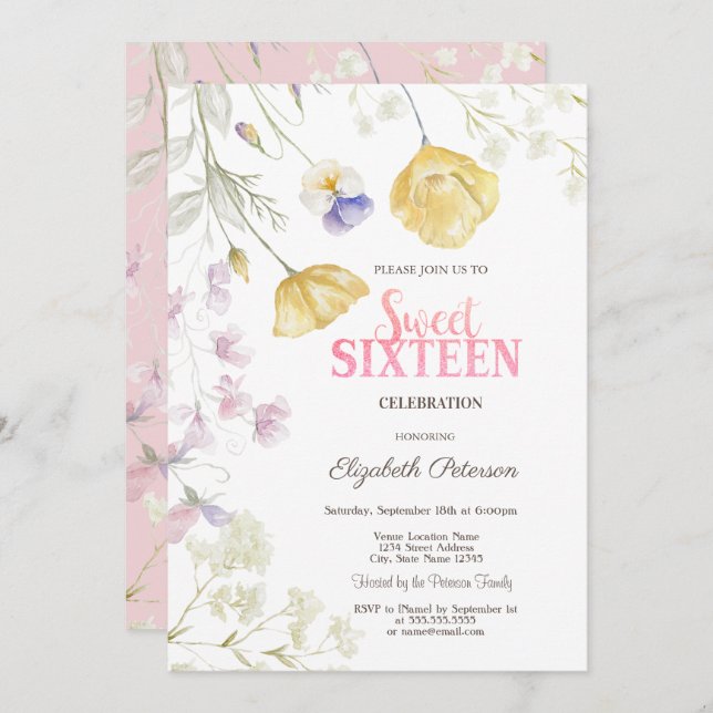 Convites Aquarela Flores Selvagens Sweet 16 (Frente/Verso)