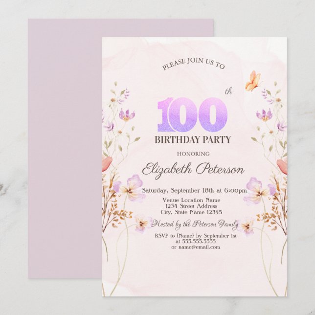 Convites Aquarela Flores Silvestres Borboleta 100º Aniversá (Frente/Verso)