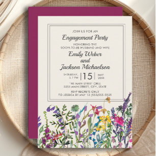 Convites Aquarela Flores Silvestres Creme Roxo Noivado