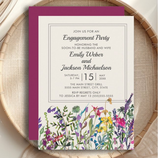 Convites Aquarela Flores Silvestres Creme Roxo Noivado (Watercolor wildflowers engagement party invitation )
