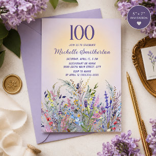 Convites Aquarela Flores Silvestres Lavanda 100º Aniversári