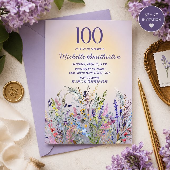 Convites Aquarela Flores Silvestres Lavanda 100º Aniversári (Lavender watercolor wildflowers 100th birthday party invitation)