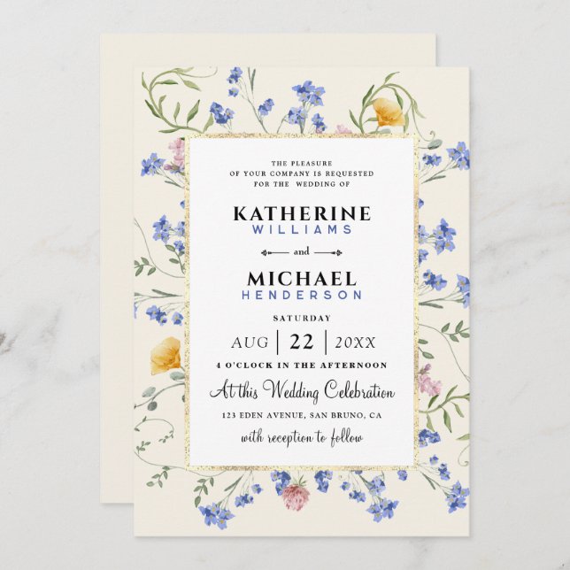 Convites aquarela Flores silvestres russas prado Foil Casam (Frente/Verso)