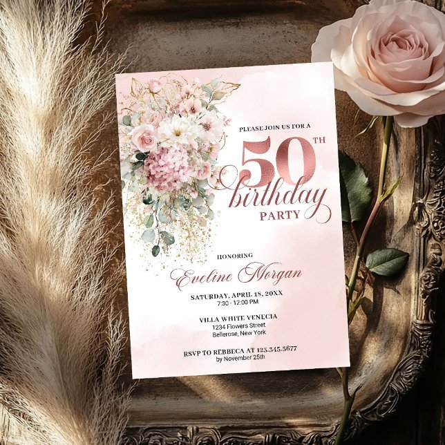 Convites Aquarela Flores Verde 50º Aniversário (Watercolor Blush Florals Greenery 50th Birthday Party)