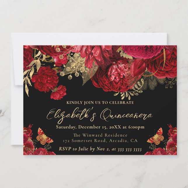 Convites Aquarela Flores Vermelhas e Douradas Quinceanera (Frente)
