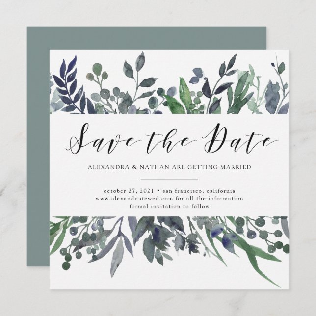 Convites Aquarela Folhada | Casamento Save the Date (Frente/Verso)